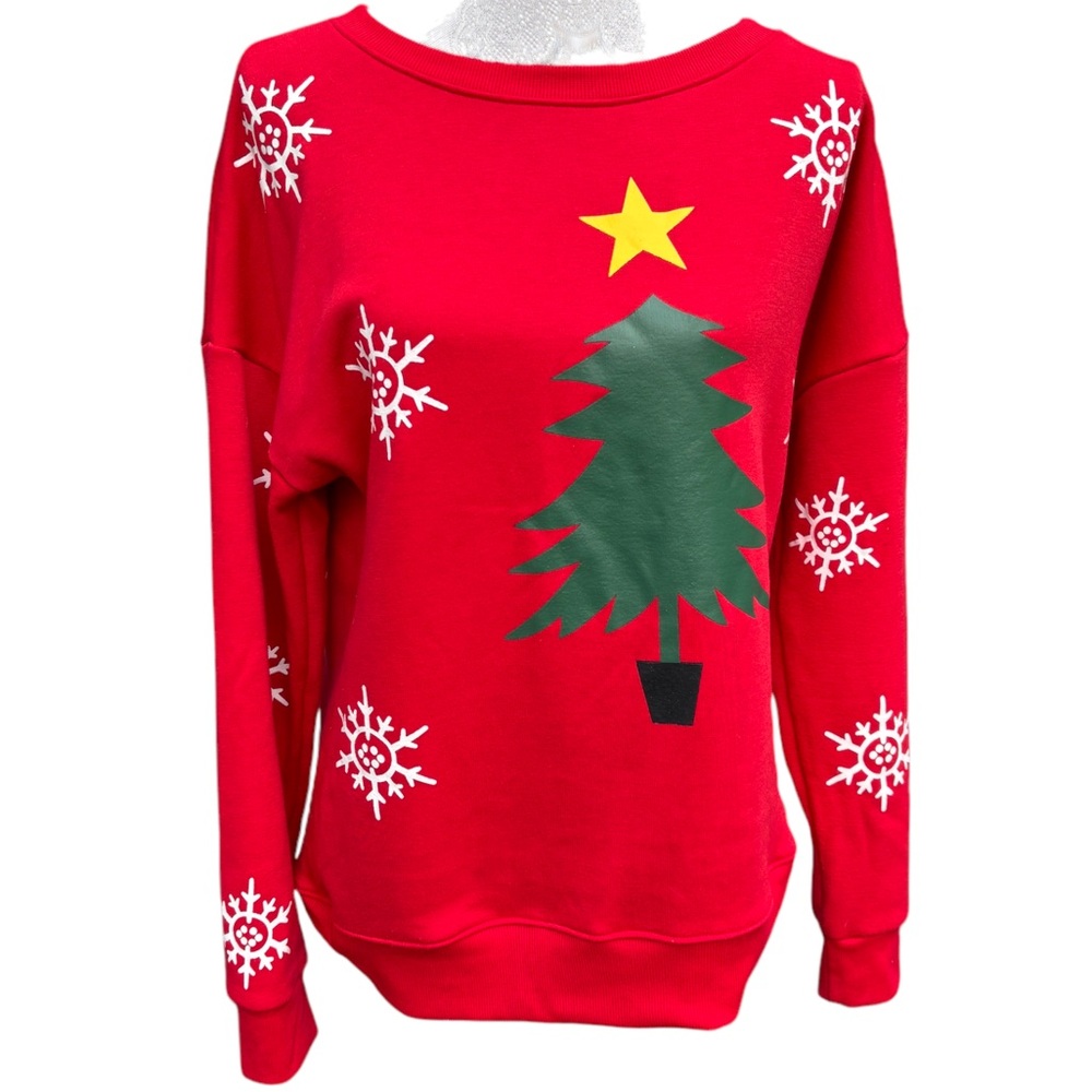 Christmas Tree & Snowflake Fleece Lined Red Crew Neck  Sweatshirt